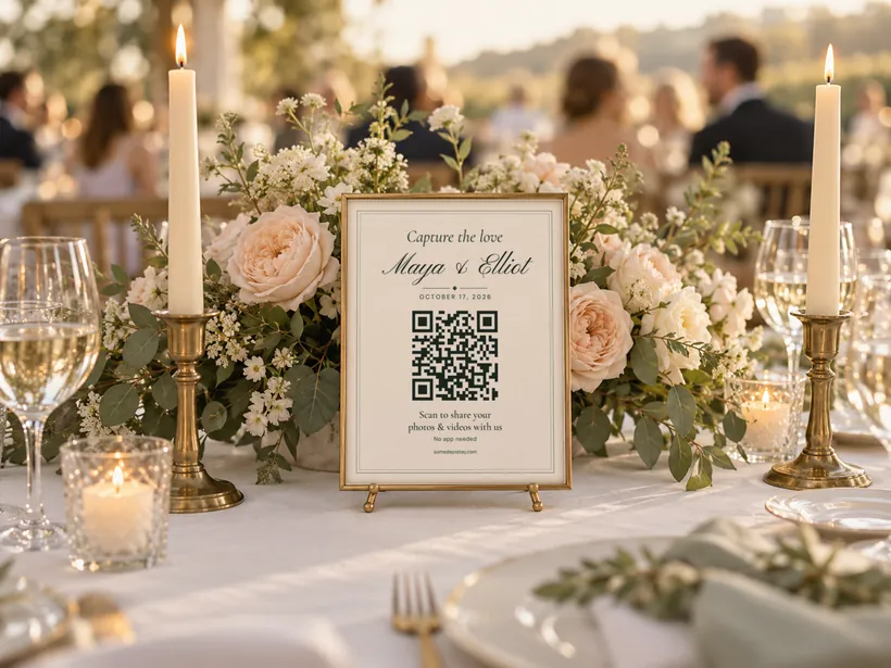 A QR code sign for Maya and Elliot in a brass frame among roses and candles on a reception table