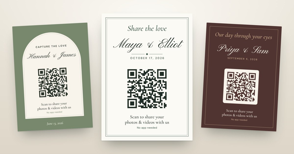 Three QR code sign designs for weddings: an arch on sage green, a classic ivory frame and a dark burgundy card